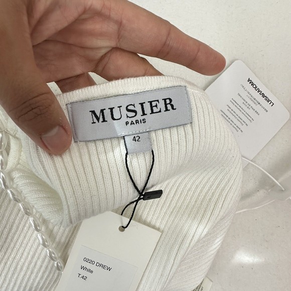 NWT Musier Paris Women's Pearls Ribbed Cropped Top Shirt Size 42 White - Picture 14 of 15